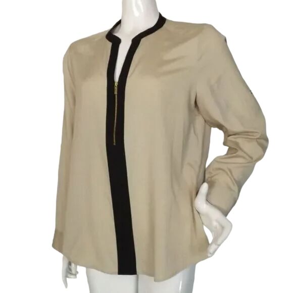 CALVIN KLEIN Blouse, L, Champagne/Black, Long Tab Sleeves, Zipper Neck - Picture 4 of 14